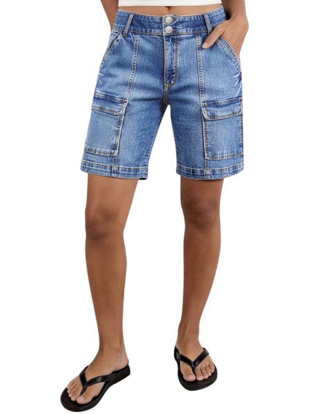 Flamingals Straight Leg Mid Rise Washed Flap Pocket Dual Shorts M